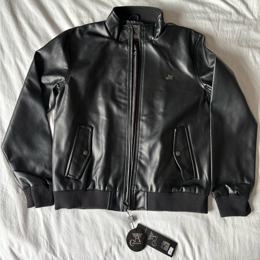 NWT A Collezioni Faux Leather Racer Jacket Black, Men's Medium, Made in Italy